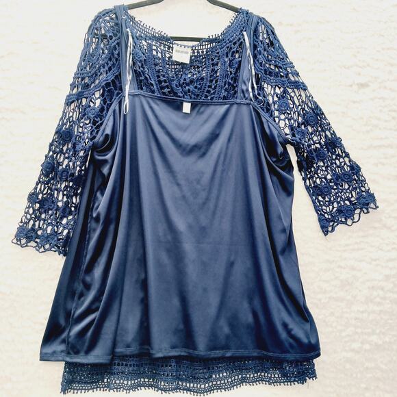 Tunic Top Size 3X Crochet Navy Unconventional Lace Lagenlook Luxury Old Money - Picture 9 of 14